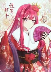 Rule 34 | 1girl, absurdres, black sash, chinese zodiac, earrings, baobhan sith (fate), fate/grand order, fate (series), floral background, floral print, flower, fur trim, hair flower, hair ornament, hand fan, highres, holding, holding fan, japanese clothes, jewelry, kimono, long hair, obi, obijime, pink hair, pointy ears, purple eyes, rabbit, red flower, red kimono, red rose, rina sukareltuto, rose, sash, signature, slit pupils, solo, year of the rabbit