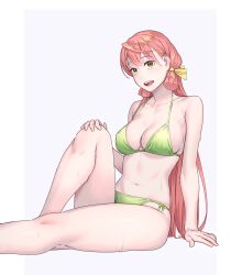 Rule 34 | 1girl, :d, akashi (kancolle), bikini, breasts, cleavage, commentary request, green bikini, green eyes, grey background, hair ribbon, highres, kantai collection, knee up, large breasts, long hair, looking at viewer, navel, open mouth, outstretched arm, pink hair, ribbon, sitting, smile, solo, sweat, swimsuit, tress ribbon, yuuji (and)