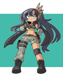 Rule 34 | 1girl, absurdres, aqua eyes, armedrabbit, asymmetrical pants, belt, belt pouch, black footwear, black hair, black scarf, boots, commission, dark-skinned female, dark skin, detached sleeves, elbow sleeve, feather hair ornament, feathers, fingerless gloves, full body, girls&#039; frontline, gloves, hair ornament, hand on own hip, hand up, highres, knee pads, long hair, midriff, mt-9 (girls&#039; frontline), navel, ponytail, pouch, scarf, single knee pad, smile, solo, strapless, thigh pouch, tube top, very long hair