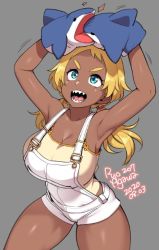 Rule 34 | 1girl, agawa ryou, armpits, arms up, artist name, bare shoulders, blonde hair, blue eyes, breasts, cleavage, dark-skinned female, dark skin, grey background, hand puppet, jpeg artifacts, large breasts, looking up, low twintails, open mouth, original, overalls, puppet, shark, sharp teeth, solo, tank top, teeth, thick eyebrows, thighs, twintails, white overalls, yellow tank top