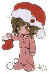 Rule 34 | 1girl, brown eyes, brown hair, character badge, chibi, christmas stocking, dante (limbus company), earrings, holding sock, huyj cl, jewelry, limbus company, long sleeves, looking at viewer, outis (project moon), pajamas, pants, pink pajamas, pom pom (clothes), project moon, red headwear, shirt, short hair, simple background, solo, white background