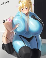 Rule 34 | 2girls, black gloves, black panties, black thighhighs, blonde hair, blue skin, blush, body switch, grabbing another&#039;s breast, breasts, censored, colored skin, commentary request, commission, curvy, dickneck, elbow gloves, flat chest, flying sweatdrops, garter straps, gloves, grabbing, grey background, hand on another&#039;s shoulder, head tilt, headless, highres, huge breasts, kneeling, large penis, legs together, legwear garter, long hair, looking down, maebari, micro panties, misplaced genitals, mosaic censoring, multiple girls, navel, no nipples, no shoes, ofuda, ofuda on pussy, orange eyes, original, oruka (kamituki0827), panties, penis, penis neck, personality switch, see-through, sidelocks, signature, skeb commission, small breasts, sweat, thick thighs, thighhighs, thighs, topless, twintails, underwear, what