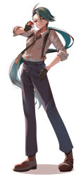 Rule 34 | 1girl, black gloves, blue pants, brown hair, collared shirt, creatures (company), earrings, game freak, gloves, grey hair, hand on own hip, highres, holding, holding poke ball, jewelry, long hair, looking at viewer, momdy (talesshinja), nintendo, pants, poke ball, poke ball (basic), pokemon, pokemon sv, ponytail, rika (pokemon), shirt, smile, solo, suspenders, triangle earrings, white background, white shirt