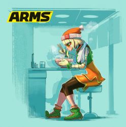 Rule 34 | 1girl, animated, animated gif, arms (game), beanie, blonde hair, blunt bangs, bowl, chopsticks, eating, food, from side, full body, green eyes, hat, mask, min min (arms), nintendo, noodles, ramen, sitting, solo, yamamoto yuu