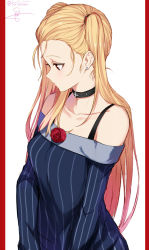 Rule 34 | 1girl, arms at sides, artist name, bare shoulders, black neckwear, blonde hair, blue sweater, blush, breasts, choker, closed mouth, collarbone, dress, earrings, forehead, gradient hair, isshiki (ffmania7), jewelry, long hair, long sleeves, looking away, looking down, multicolored hair, off-shoulder, off-shoulder sweater, off shoulder, original, pillarboxed, pink hair, pinstripe pattern, red eyes, signature, simple background, small breasts, solo, striped clothes, striped sweater, stud earrings, sweater, sweater dress, tsurime, twintails, upper body, vertical stripes, white background