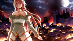 Rule 34 | 00s, 1girl, archetype earth, arcueid brunestud, blonde hair, breasts, castle, cloud, dress, egnis, fire, full moon, highres, long hair, moon, red eyes, smoke, solo, strapless, strapless dress, tsukihime, type-moon