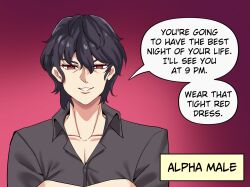 Rule 34 | 1boy, black hair, brown shirt, collarbone, comic, english text, highres, looking at viewer, male focus, merryweather, original, rayno, red eyes, shirt, smirk, solo, speech bubble, upper body