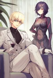 Rule 34 | 1boy, 1girl, alcohol, black bodysuit, black hair, blonde hair, bodysuit, breasts, character request, commission, covered navel, cup, drinking glass, dynamitenatalia, fate (series), formal, glasses, green eyes, hair over one eye, highres, large breasts, looking at viewer, pixiv commission, red eyes, short hair, sitting, suit, tachie (fate), thighs, type-moon, white suit, wine, wine glass