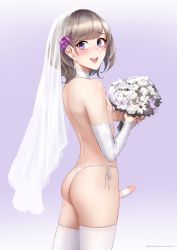 Rule 34 | 1boy, ass, blush, bouquet, erection, flower, hair flower, hair ornament, highres, holding, holding bouquet, looking back, male focus, nipples, penis, purple eyes, short hair, smile, solo, thong, trap, veil