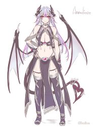 Rule 34 | 1girl, artist name, black thighhighs, breasts, cleavage, demon girl, demon tail, demon wings, highres, horns, large breasts, light purple hair, long hair, midriff, navel, original, pelvic curtain, pink eyes, pointy ears, revealing clothes, simple background, smile, solo, suzuneko (yume no kyoukai), tail, thighhighs, twintails, white background, wings
