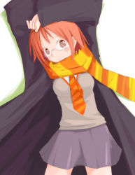 Rule 34 | 1girl, animification, artist request, genderswap, genderswap (mtf), glasses, harry potter, harry potter (series), lying, necktie, orange scarf, red eyes, scar, scarf, short hair, skirt, solo, striped clothes, striped scarf, wizarding world