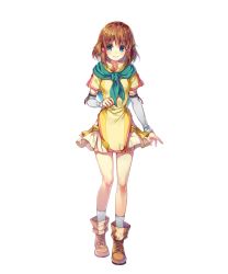 Rule 34 | 1girl, aqua eyes, brown hair, capelet, elbow gloves, fire emblem, fire emblem: path of radiance, fire emblem heroes, full body, gloves, highres, looking at viewer, looking away, mist (fire emblem), miwabe sakura, nintendo, official art, pleated skirt, shoes, short hair, short sleeves, skirt, smile, socks, solo, standing, transparent background