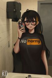 Rule 34 | 1girl, absurdres, ahegao, artist name, black hair, blonde hair, blush, cellphone, commentary, english commentary, fang, film grain, glasses, highres, holding, holding phone, kd chan, long hair, mirror, multicolored hair, original, phone, photo background, pornhub, print shirt, red eyes, reflection, selfie, shirt, skin fang, smartphone, smartphone case, solo, streaked hair, torogao, two-tone hair, upper body, very long hair