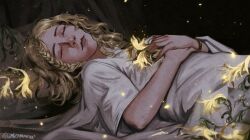 Rule 34 | 1boy, artist name, blonde hair, bracelet, braid, child, closed eyes, closed mouth, elden ring, flower, glowing flower, gold bracelet, gonzamaruu, highres, jewelry, long hair, lying, miquella (elden ring), own hands together, side braids, signature, sleeping, solo, white tunic