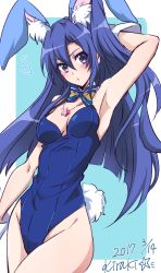 Rule 34 | 10s, 1girl, 2017, animal ears, arm up, armpits, artist name, bare shoulders, blue eyes, blue hair, blush, bow, breasts, commentary request, dated, detached collar, fake animal ears, heart, highres, jewelry, kazanari tsubasa, kiraki, leotard, long hair, looking at viewer, medium breasts, necklace, open mouth, playboy bunny, rabbit ears, rabbit tail, senki zesshou symphogear, shiny skin, side ponytail, solo, tail, wrist cuffs