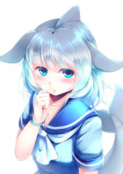 Rule 34 | 10s, 1girl, absurdres, animal ears, ascot, blue eyes, blue hair, blue sailor collar, blue shirt, blush, cetacean tail, closed mouth, commentary request, common bottlenose dolphin (kemono friends), eyes visible through hair, fins, fish tail, frown, hand on own chin, highres, kanzakietc, kemono friends, looking at viewer, sailor collar, school uniform, serafuku, shirt, short hair, short sleeves, simple background, solo, tail, white ascot, white background
