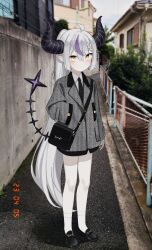 Rule 34 | 1girl, absurdly long hair, absurdres, ahoge, alternate costume, arm at side, black bag, black footwear, black horns, black necktie, blush, braid, braided bangs, closed mouth, collared shirt, commentary, dated, day, demon girl, demon horns, dot mouth, formal, full body, grey hair, grey jacket, grey suit, hair between eyes, hand in pocket, highres, hololive, horns, house, jacket, karou (lhscck302), korean commentary, la+ darknesss, long hair, long sleeves, looking at viewer, multicolored hair, necktie, outdoors, photo background, pointy ears, purple hair, shirt, shoes, sidelocks, slit pupils, socks, solo, standing, streaked hair, striped horns, suit, tail, very long hair, virtual youtuber, white shirt, white socks, yellow eyes