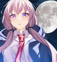 Rule 34 | 1girl, black jacket, collared shirt, eyes visible through hair, hood, hood down, hooded jacket, jacket, kibou no tsuki (vocaloid), long hair, low twintails, moon, necktie, parted lips, pink hair, purple eyes, red necktie, shirt, solo, syo (syo nonbiri), twintails, upper body, vocaloid, white shirt, yuzuki yukari