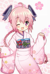 Rule 34 | 10s, 1girl, alternate costume, d omm, headgear, japanese clothes, kantai collection, kimono, nenohi (kancolle), one eye closed, pink hair, pink theme, purple eyes, wink
