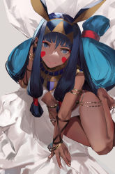 Rule 34 | 1girl, animal ears, armlet, bangle, barefoot, belly chain, bikini, blazpu, blue eyes, blue hair, bracelet, chain, chain, commentary, dark skin, dark-skinned female, english commentary, fake animal ears, fate/grand order, fate (series), fingernails, from above, gold chain, gorget, hair between eyes, hand in own hair, highres, jackal ears, jewelry, long hair, looking at viewer, looking up, low-tied long hair, nitocris (fate), nitocris (fate/grand order), nitocris (swimsuit assassin) (fate), smile, solo, swimsuit, toenails, toes, very long hair, white bikini