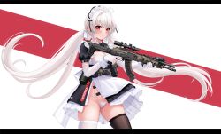 Rule 34 | 1girl, akm, allenes, assault rifle, asymmetrical legwear, black dress, black thighhighs, blush, breasts, cleavage, dress, elbow gloves, gloves, gun, holding, holding gun, holding weapon, kalashnikov rifle, letterboxed, long hair, looking at viewer, low twintails, maid, medium breasts, mismatched legwear, original, panties, puffy short sleeves, puffy sleeves, red background, red eyes, scope, short sleeves, skindentation, solo, thighhighs, twintails, two-tone background, underwear, very long hair, weapon, weapon request, white background, white hair, white panties, white thighhighs