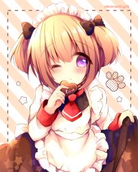 Rule 34 | 1girl, ;o, alternate costume, apron, azur lane, black bow, blush, bow, brown dress, candy, chocolate, chocolate heart, commentary request, diagonal stripes, dotted line, dress, enmaided, fingernails, food, frilled apron, frills, hair between eyes, hair bow, haru ichigo, heart, holding, holding food, long sleeves, looking at viewer, maid, maid apron, maid headdress, norfolk (azur lane), one eye closed, parted lips, purple eyes, red neckwear, shirt, sidelocks, skirt hold, sleeveless, sleeveless dress, solo, star (symbol), striped, striped background, twitter username, two side up, white apron, white shirt