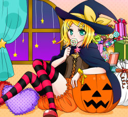 Rule 34 | 1girl, blonde hair, blush, candy, food, gift, halloween, hat, heart, jack-o&#039;-lantern, kagamine rin, nyakelap, solo, star (symbol), vocaloid, witch hat