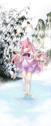 Rule 34 | 1girl, absurdres, animal ear fluff, animal ears, barefoot, chinese clothes, chinese commentary, commentary request, dress, feet, fox ears, fox girl, fox tail, full body, hanfu, highres, legs, long hair, original, outdoors, pink dress, pink eyes, pink hair, smile, soles, solo, sword, tail, toes, twintails, walking, walking on liquid, water, weapon, zhainan xiao zhao