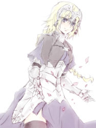Rule 34 | 1girl, armor, armored dress, bad id, bad pixiv id, blonde hair, braid, capelet, dress, fate/apocrypha, fate/zero, fate (series), headpiece, jeanne d&#039;arc (fate), jeanne d&#039;arc (ruler) (fate), long hair, petals, purple eyes, sab333, simple background, single braid, solo, thighhighs, white background