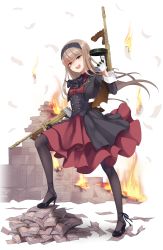 Rule 34 | 1girl, :d, ascot, black ascot, black footwear, black pantyhose, brown hair, dress, drum magazine, dual wielding, elena clay, fire, full body, gloves, gun, hairband, high heels, highres, holding, holding gun, holding weapon, leg up, long hair, looking at viewer, magazine (weapon), money, official art, open mouth, pantyhose, princess principal, princess principal game of mission, purple eyes, red dress, shoes, smile, solo, standing, transparent background, weapon, weapon request, white gloves
