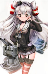 Rule 34 | 10s, 1girl, amatsukaze (kancolle), bad id, bad pixiv id, blush, brown eyes, dress, garter straps, gloves, hair tubes, hand on own hip, kantai collection, long hair, looking at viewer, natsuhachi, personification, red thighhighs, rensouhou-kun, sailor dress, silver hair, single glove, solo, striped clothes, striped thighhighs, thighhighs, twintails, two side up