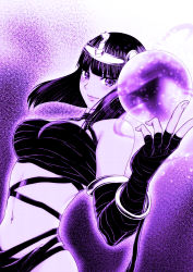 Rule 34 | 1girl, an&#039;no natsume, bandages, bob cut, breasts, circlet, crystal ball, greyscale, highres, large breasts, menat, monochrome, naked bandage, navel, purple theme, smile, solo, street fighter, street fighter v, upper body, usekh collar