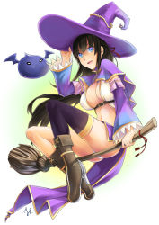 Rule 34 | 1girl, artist request, black hair, blue eyes, boots, breasts, broom, broom riding, capelet, cleavage, detached sleeves, gradient background, hat, jh, large breasts, long hair, original, panties, pantyshot, single thighhigh, slime (creature), solo, thighhighs, underwear, wings, witch, witch hat