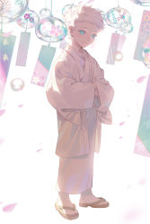 Rule 34 | 1boy, aged down, blue eyes, blurry, blurry foreground, closed mouth, full body, gojou satoru, hands in opposite sleeves, haori, highres, japanese clothes, jujutsu kaisen, kimono, long sleeves, looking at viewer, male focus, petals, sandals, short hair, smile, socks, solo, standing, tabi, white hair, white kimono, wide sleeves, wind chime, xiaojiaju