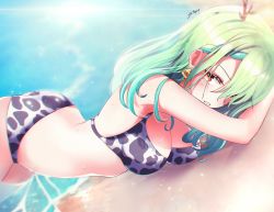 Rule 34 | 1girl, animal print, antlers, arched back, arm rest, bent over, bikini, breasts, ceres fauna, commentary, cow print, cow print bikini, ear tag, english commentary, green hair, highres, hololive, hololive english, horns, leaning, medium breasts, parted lips, print bikini, sk jynx, solo, swimsuit, virtual youtuber, yellow eyes