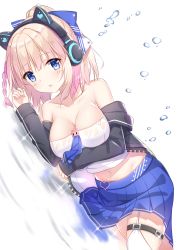 Rule 34 | 1girl, animal ear headphones, animal ears, azur lane, bare shoulders, black jacket, blue eyes, blue skirt, blush, braid, breasts, cat ear headphones, cat ears, cleavage, commentary request, dutch angle, fake animal ears, garter straps, hair between eyes, hair ornament, hairclip, hand up, headphones, heart, heart-shaped pupils, high ponytail, highres, jacket, large breasts, light brown hair, long sleeves, lying, midriff, multicolored hair, navel, off shoulder, on side, open clothes, open jacket, pink hair, pleated skirt, ponytail, richmond (azur lane), shirt, side braid, single braid, skirt, sleeves past wrists, solo, star (symbol), star hair ornament, strapless, symbol-shaped pupils, t@ke-g, thighhighs, two-tone hair, water drop, white background, white shirt, white thighhighs