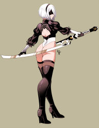 Rule 34 | 1girl, ass, back cutout, blindfold, boots, clothing cutout, from behind, full body, grey background, hairband, kitsune23star, leotard, nier (series), nier:automata, puffy sleeves, short hair, silver hair, simple background, solo, sword, thigh boots, thighhighs, weapon, 2b (nier:automata)