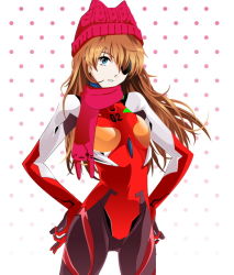 Rule 34 | 1girl, artist request, blue eyes, bodysuit, bracer, breasts, brown hair, closed mouth, cloud, cowboy shot, evangelion: 3.0 you can (not) redo, eyepatch, hair between eyes, hands on own hips, headgear, headwear request, long hair, looking at viewer, neon genesis evangelion, pilot suit, plugsuit, rebuild of evangelion, scarf, shiny clothes, small breasts, smile, smirk, solo, souryuu asuka langley, standing, turtleneck, two side up