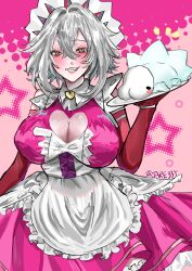 Rule 34 | 1girl, absurdres, apron, blush, breasts, cleavage, cleavage cutout, clothing cutout, creatures (company), crossed bangs, elbow gloves, fang, game freak, gen 8 pokemon, gloves, grey hair, highres, holding, holding plate, large breasts, long hair, looking at viewer, maid, maid apron, maid headdress, nintendo, plate, pokemon, pokemon (creature), red gloves, short hair, sidelocks, smile, snom, solo, star (symbol), tare33y, virtual youtuber, vshojo, white apron, yellow eyes, zentreya (cyborg), zentreya