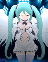 Rule 34 | alternate breast size, angel wings, breasts, cleavage, crossover, blue hair, hatsune miku, highres, ikaros, large breasts, microphone, navel, skirt, socks, solo, sora no otoshimono, tagme, twintails, wings