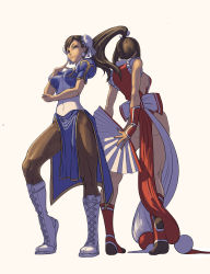 Rule 34 | 2girls, absurdres, back-to-back, boots, brown eyes, brown hair, capcom, chun-li, crossover, double bun, earrings, hand fan, fatal fury, from behind, highres, jewelry, long hair, multiple girls, ocean (moguyobi), pantyhose, ponytail, shiranui mai, snk, standing, street fighter, the king of fighters