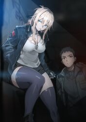 Rule 34 | 1boy, 1girl, armored core, armored core: verdict day, black hair, black jacket, black shorts, black thighhighs, blonde hair, blue eyes, breasts, cigarette, dog tags, green jacket, hair ornament, hairclip, headset, highres, jacket, large breasts, las91214, lighter, magnolia (armored core), red eyes, scar, shiny clothes, shiny legwear, short hair, short shorts, shorts, tan, tank top, thighhighs, white tank top, zippo lighter