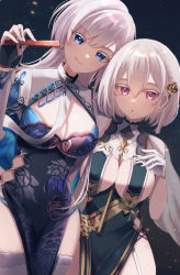 Rule 34 | 2girls, absurdres, azur lane, belfast (azur lane), belfast (iridescent rosa) (azur lane), braid, breasts, china dress, chinese clothes, cleavage, colored eyelashes, cowboy shot, dress, french braid, garter straps, grey hair, highres, junineu, looking at viewer, multiple girls, official alternate costume, pelvic curtain, see-through, see-through sleeves, sirius (azur lane), sirius (azure horizons) (azur lane), thighhighs, white garter straps, white thighhighs