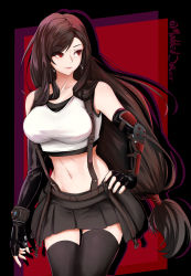 Rule 34 | 1girl, absurdres, armpit crease, black skirt, black thighhighs, breasts, brown hair, collarbone, cowboy shot, crop top, earrings, elbow pads, final fantasy, final fantasy vii, final fantasy vii remake, fingerless gloves, fingernails, gloves, hand on own hip, highres, jewelry, large breasts, long hair, looking away, low-tied long hair, materia, midriff, moddedjoker, navel, red eyes, shiny skin, shirt, silhouette, skirt, solo, sparkle, suspenders, swept bangs, thighhighs, tifa lockhart, twitter username, white shirt, zettai ryouiki