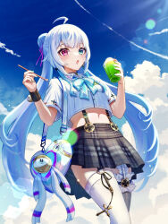 Rule 34 | 1girl, absurdres, ahoge, amemiya nazuna, amemiya nazuna (2nd costume), black skirt, blue bow, blue eyes, blue nails, blue sky, bow, cloud, commentary, earrings, english commentary, fang, flat chest, food, garter straps, hair ornament, hair ribbon, heart-shaped bag, heterochromia, highres, holding, jewelry, long hair, looking at viewer, midriff, nail polish, navel, open mouth, pink ribbon, red eyes, ribbon, shaved ice, shirt, sidelocks, single earring, skin fang, skirt, sky, solo, suspender skirt, suspenders, thighhighs, tolo mag, virtual youtuber, vshojo, white garter straps, white hair, white shirt, white thighhighs