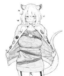 Rule 34 | 1girl, animal ear fluff, animal ears, arknights, blush, breasts, buckle, collarbone, cowboy shot, garter straps, greyscale, haioku colonel, heart, jacket, large breasts, monochrome, open clothes, open jacket, shirt, short hair, simple background, solo, sweat, tail, utage (arknights), white background