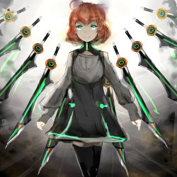 Rule 34 | 1girl, ahoge, android, blade, bow, breasts, closed mouth, curly hair, dress, duk, facing viewer, floating sword, floating weapon, green eyes, hair bow, hair ornament, hair ribbon, happy, long sleeves, looking at viewer, multiple swords, orange hair, penny polendina, pink bow, pink ribbon, power symbol, ribbon, rwby, short hair, skirt, smile, solo, standing, string, sword, thighhighs, weapon