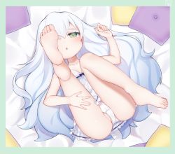 Rule 34 | 1girl, :o, arm up, bare arms, bare legs, bare shoulders, barefoot, bed sheet, blush, camisole, collarbone, dutch angle, fingernails, frills, green eyes, hair between eyes, kokone (coconeeeco), legs up, long hair, looking at viewer, lying, on back, original, panties, parted lips, silver hair, solo, underwear, underwear only, very long hair, white camisole, white panties