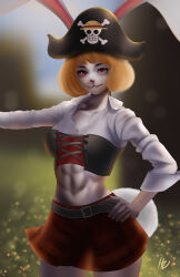 Rule 34 | 1girl, absurdres, animal ears, blonde hair, carrot (one piece), closed mouth, hat, highres, ho haiiro, jolly roger, one piece, pirate hat, rabbit ears, rabbit girl, rabbit tail, realistic, short hair, signature, skull and crossbones, solo, straw hats jolly roger, tail
