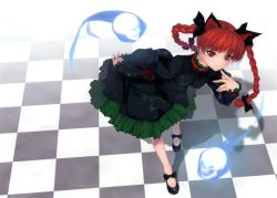 Rule 34 | 1girl, absurdres, animal ears, bow, braid, cat ears, cat girl, dress, extra ears, female focus, finger to mouth, from above, full body, ghost, hair bow, hair ribbon, highres, kaenbyou rin, leaning forward, mary janes, multiple hair bows, red eyes, red hair, ribbon, rokuwata tomoe, shoes, short hair, skull, solo, touhou, twin braids